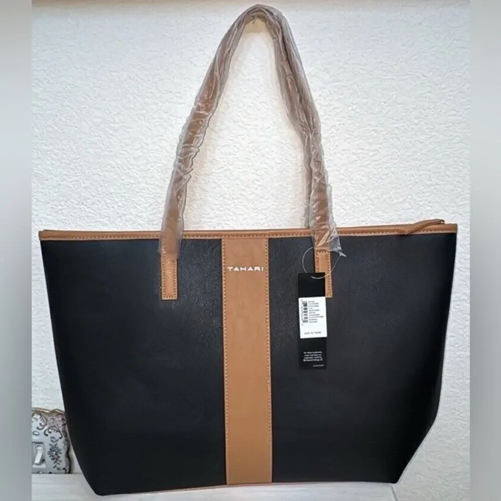 Tahari Kristen Black with Vachetta Trim Zip Closure Large Tote Bag Purse NWT